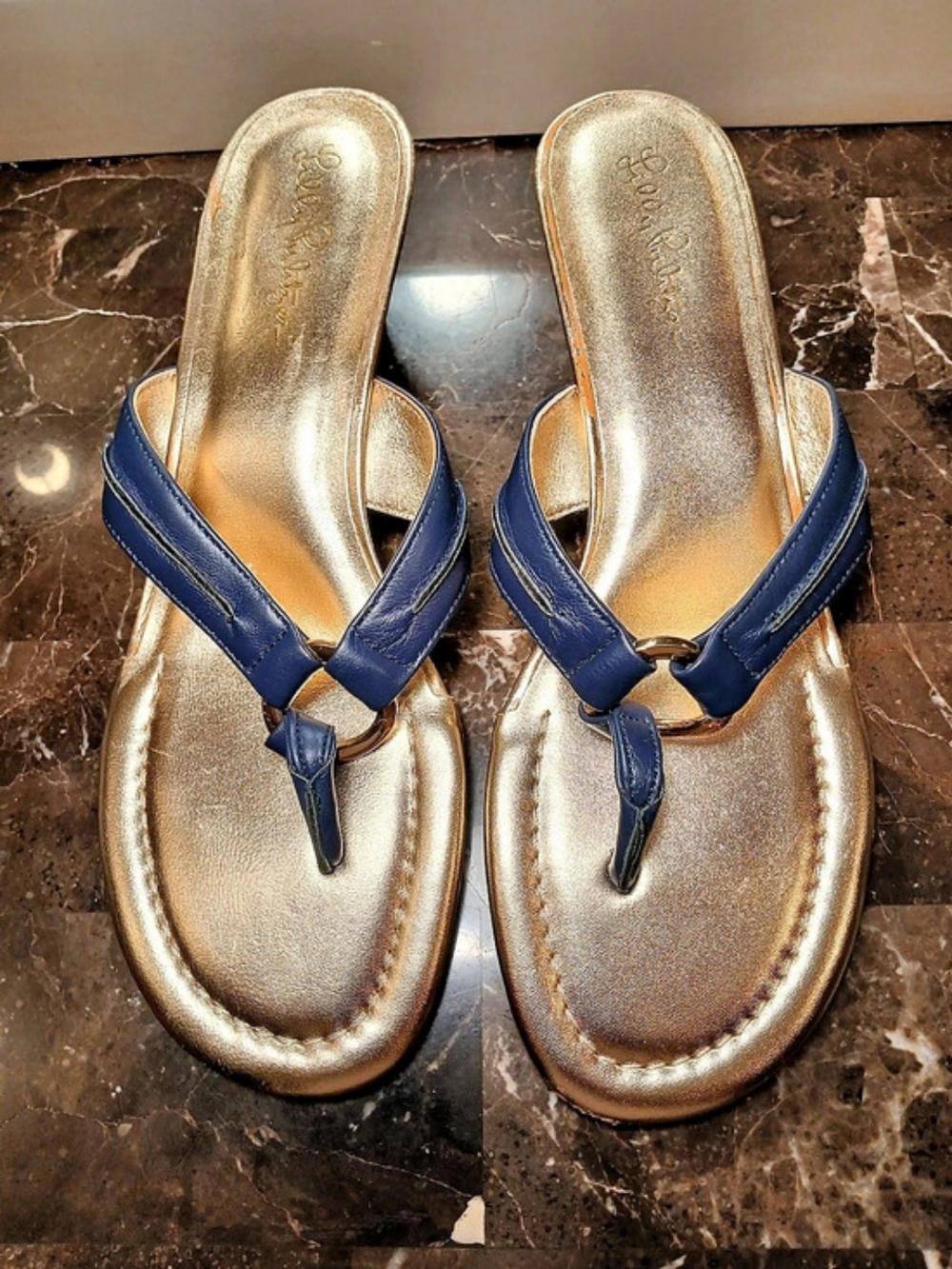 Lilly Pulitzer  Gold & Blue Wedge Sandals Sz 9M